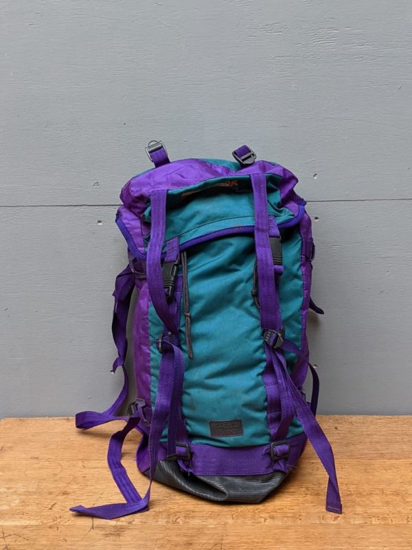 hikers backpack purple and turquoise