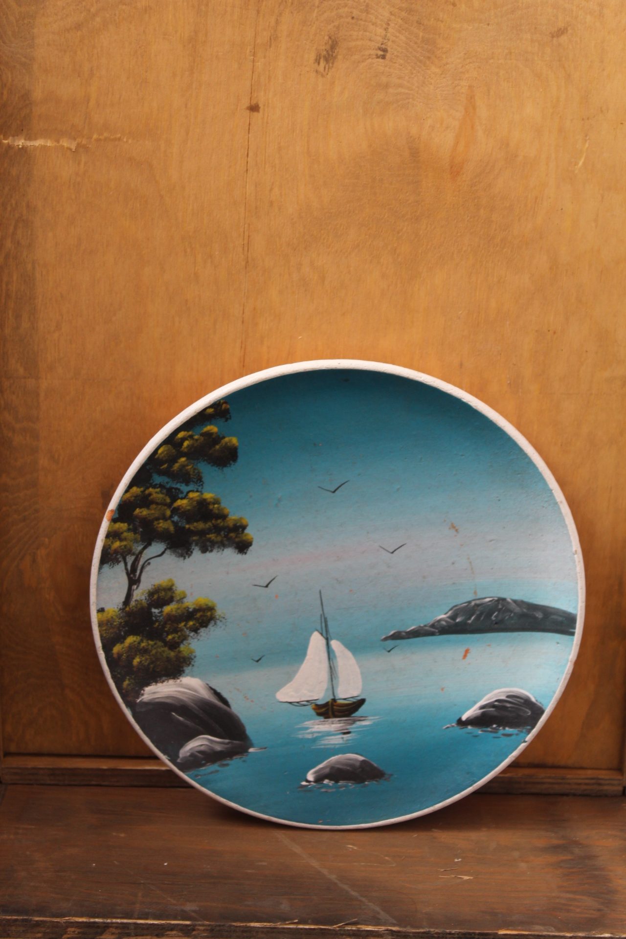1210015 Sail Boat Painted Wooden Plate