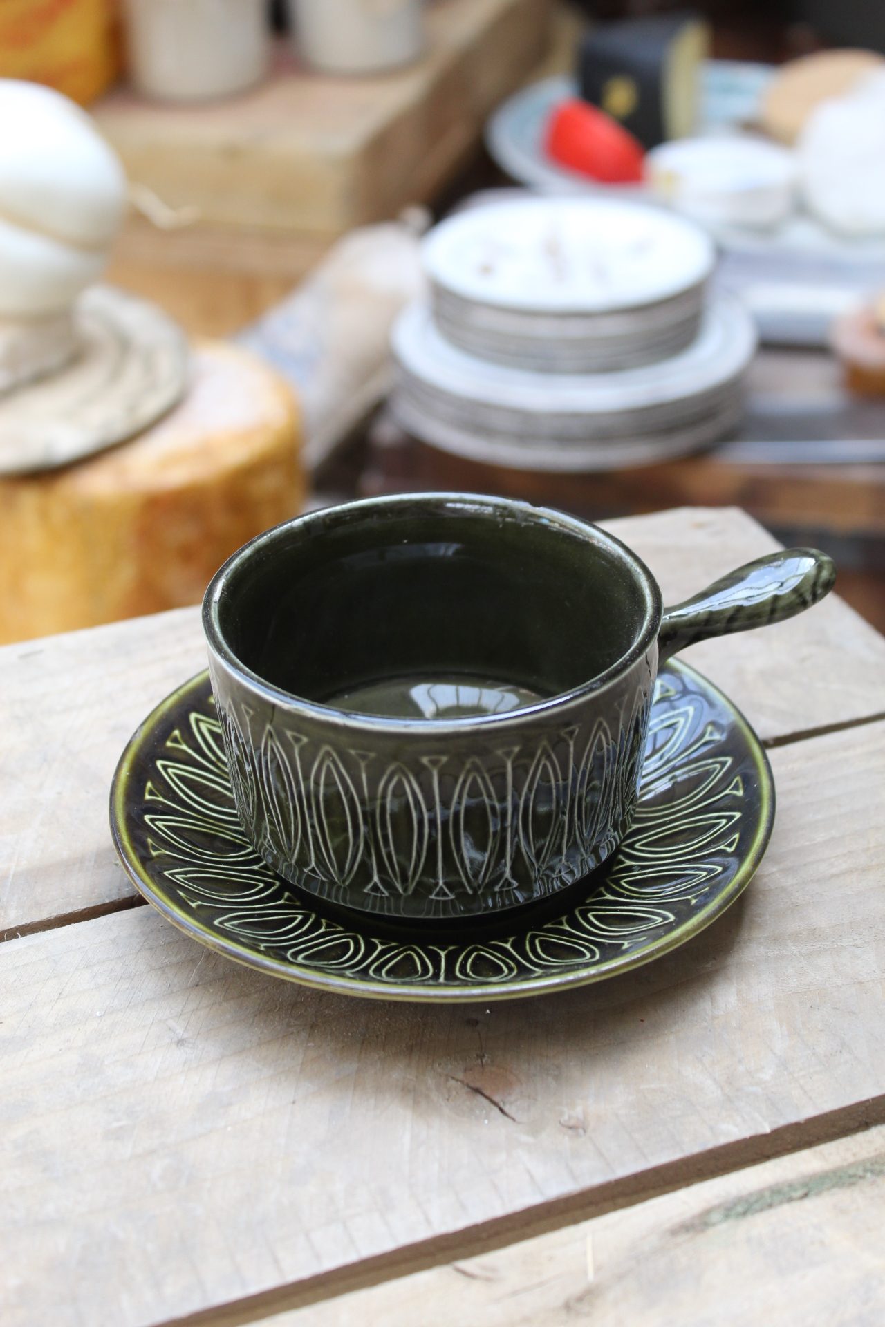 1210085 Deep Green Soup Bowl with Handle