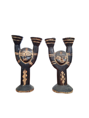 0900026 Pair of Carved Tribal Candlesticks (25cm H)
