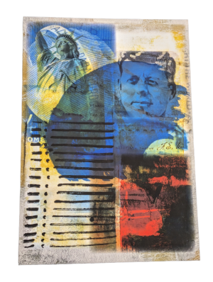 A modern artwork on canvas. a montage of American Icons including Lady liberty, John F Kennedy and the White House. Cover in Abstract colours blue, red, and white.