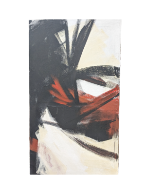 A painting on canvas. Large brushstrokes in black and red on a white ivory background.