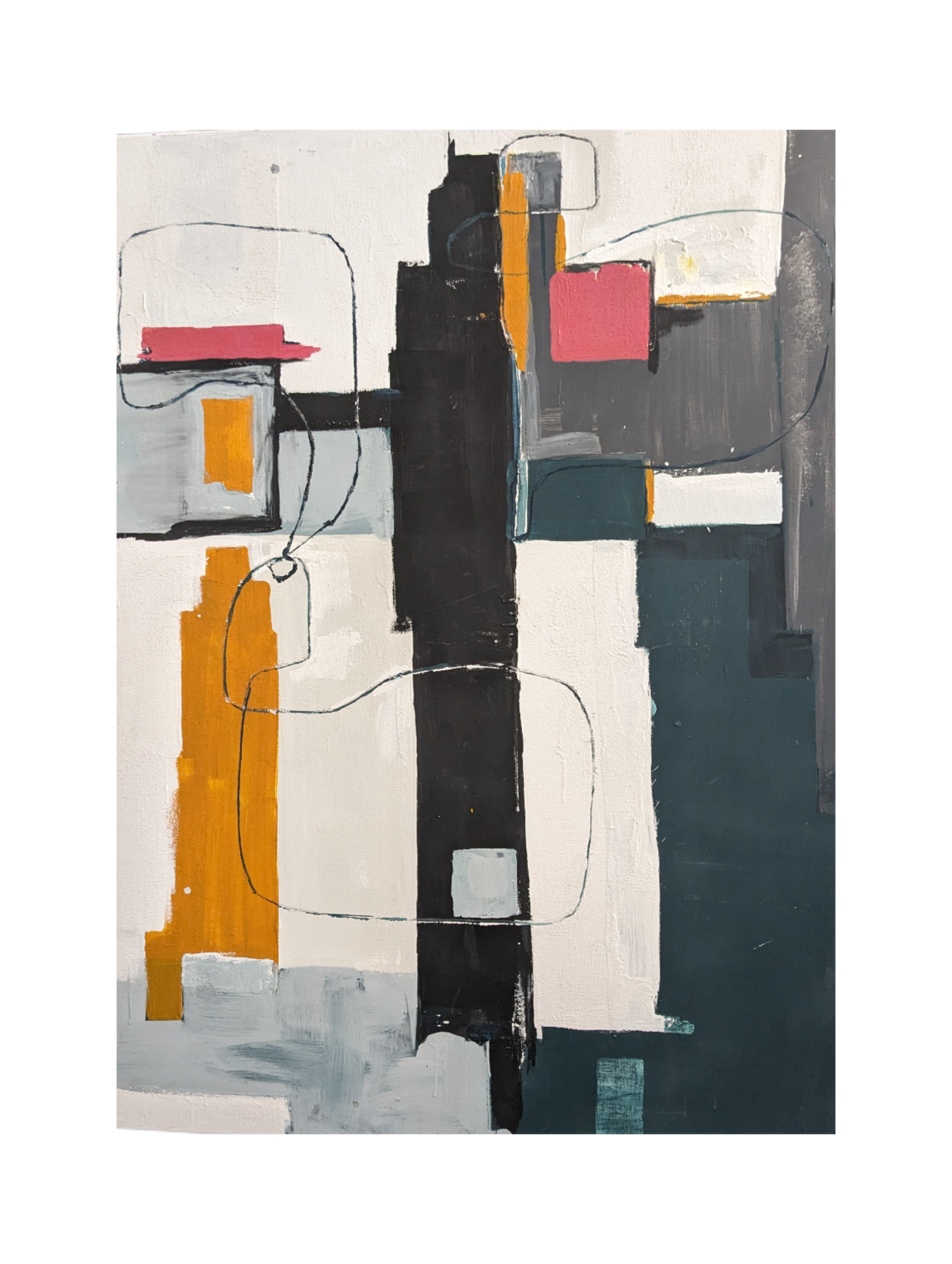 A canvas painting. Bold blocks of colours including blue, white, yellow and pink layered in a disjointed fashion.