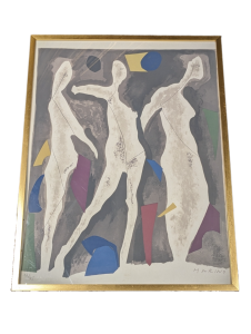 A Contemporary abstract painting of three female silhouette's. The painting has a grey background and colourful patches.