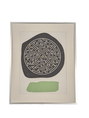 Modern Art print. A circular maze on top of a black shape. which a green abstract line below