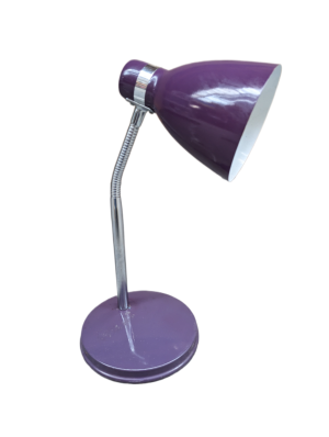 A purple metal desk lamp with adjustable silver neck