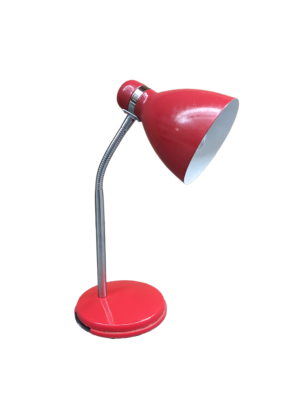 A red desk lamp with adjustable silver neck.