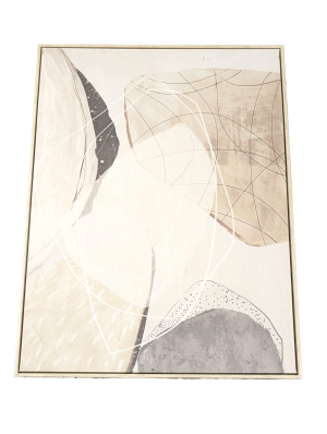 A contemporary artwork. Neutral colours of beige and grey in circular patterns on a canvas.