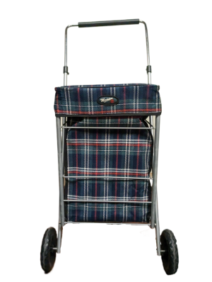 A blue tartan shopping trolley/ bag on wheels