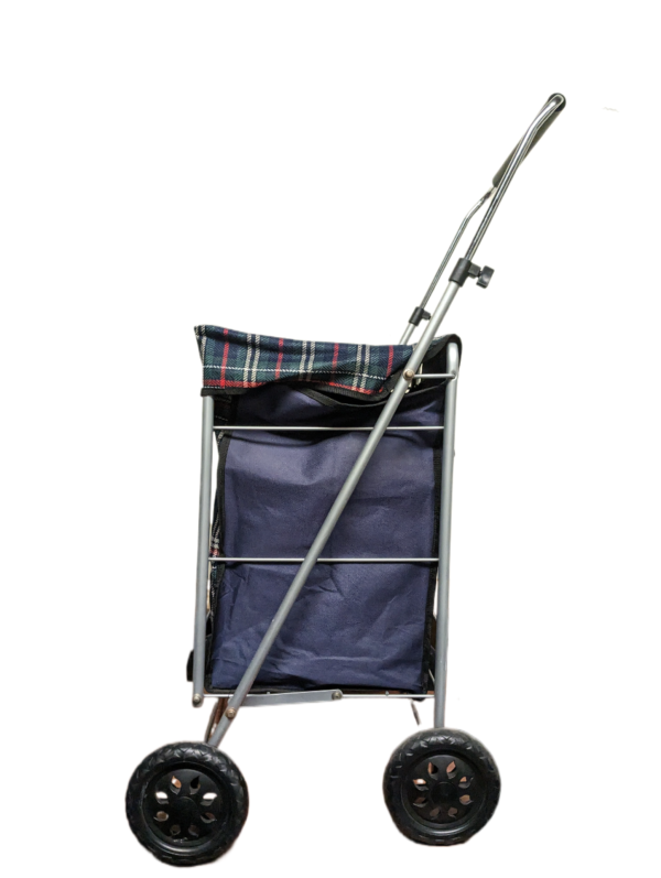 A blue tartan shopping trolley/ bag on wheels. Side view.