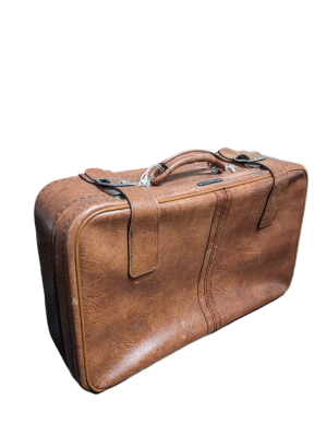 Vintage brown leather suitcase with chunky straps.