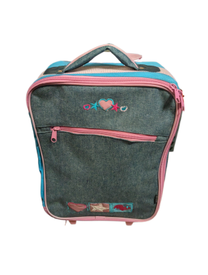 A colourful pink and blue suitcase with heart and star detail. perfect for children or hand luggage.