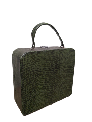 Fake crocodile skin travel bag in a dark green colour.