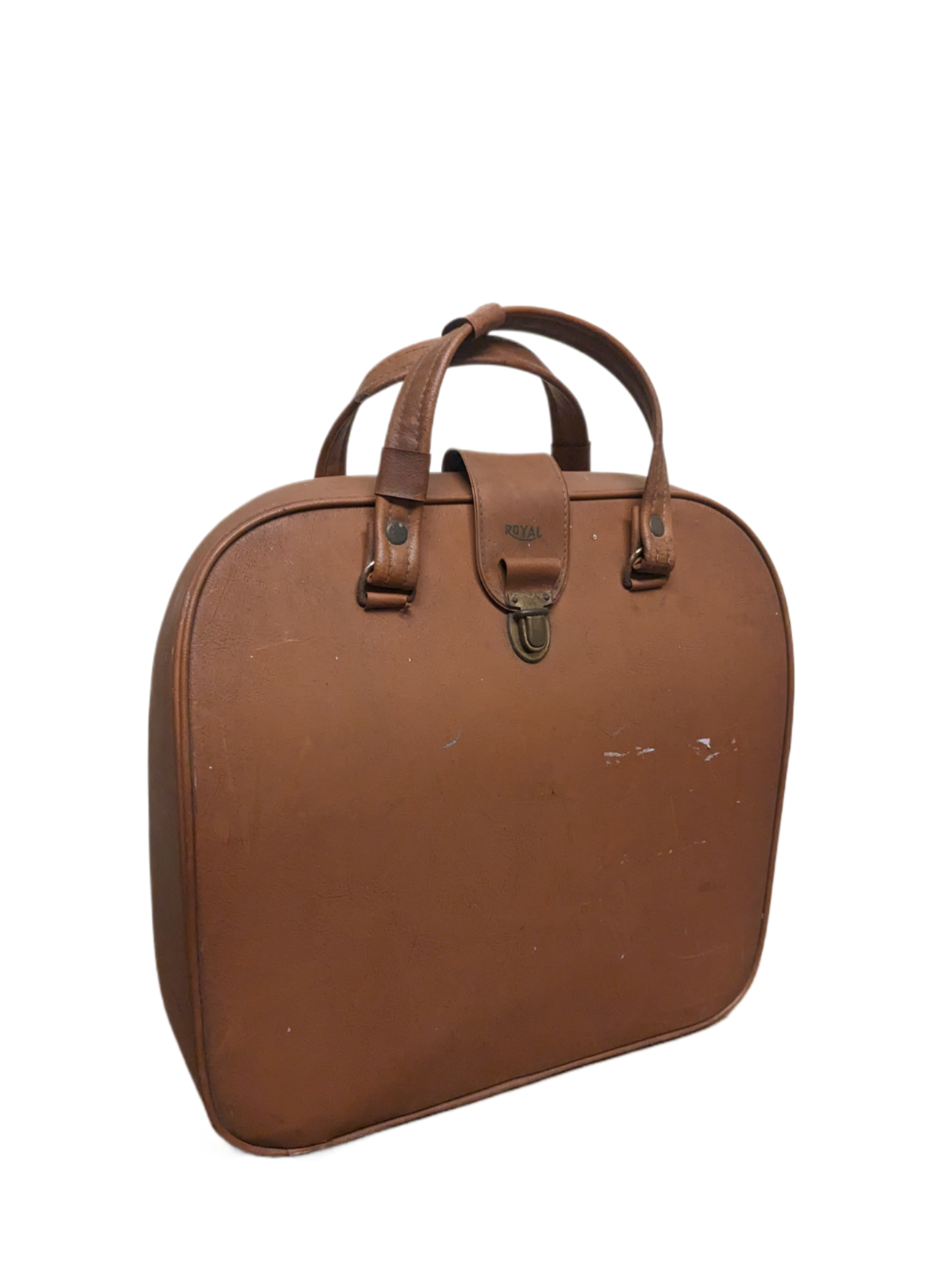 Oval shaped tan leather handbag with metal detail and clasps