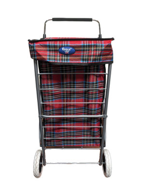 A red tartan shopping carrier / trolley on wheels