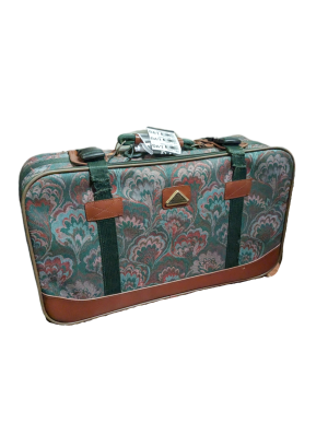 A 1960's style tapestry suitcase with brown and green leather detail